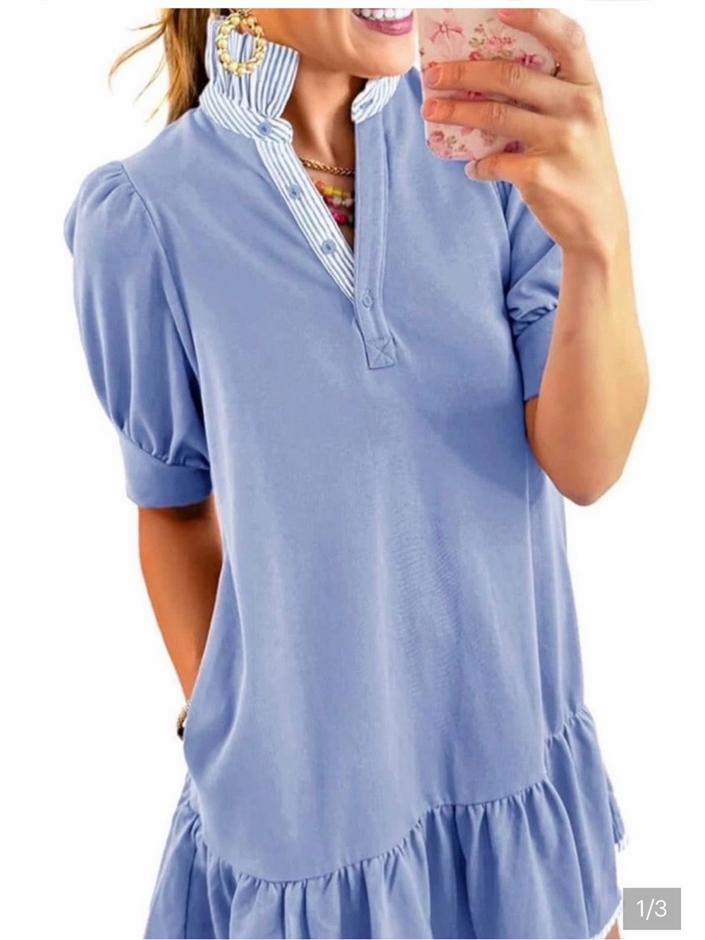 Umgee Ruffled Collar Puff Sleeve Mini Dress (M)